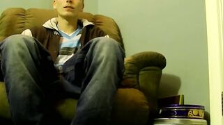 Horny amateur Cleetus stroking his big meat stick on the bed