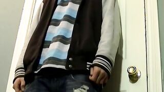 Horny amateur Cleetus stroking his big meat stick on the bed