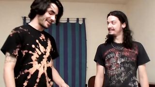 Skinny butt buddies meet up for a cock jerking duo party