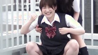 Japanese schoolgirl with hairy pussy peeing outside