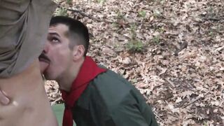 Mature Wheeler pleases twink scout Colton in the woods
