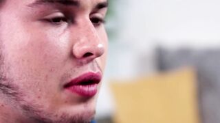 Sensual young homo tugs big cock slowly until he cums