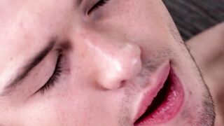 Sensual young homo tugs big cock slowly until he cums