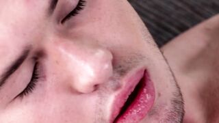 Sensual young homo tugs big cock slowly until he cums