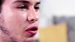 Sensual young homo tugs big cock slowly until he cums