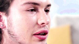 Sensual young homo tugs big cock slowly until he cums