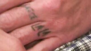Bearded gay dude shows his tatts and strokes his dick solo