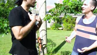 Bound stepson gets raw fucked by his hunky stepdad outdoors