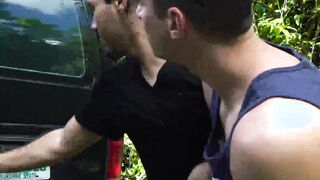 Bound stepson gets raw fucked by his hunky stepdad outdoors