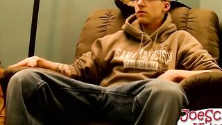Nerdy dude with glasses jerking off his action starving cock