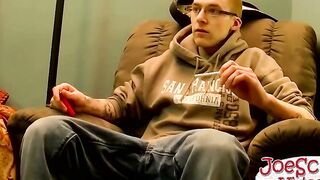 Nerdy dude with glasses jerking off his action starving cock