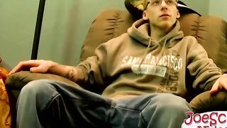 Nerdy dude with glasses jerking off his action starving cock