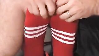 Ticklish and sexy soccer player is bound on the table