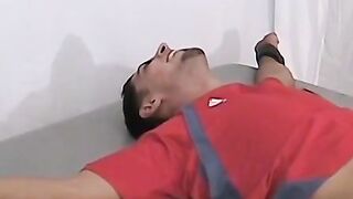 Ticklish and sexy soccer player is bound on the table