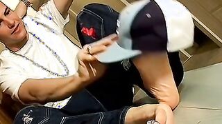 Young foot lover Clyde strokes his cock and cums on his feet