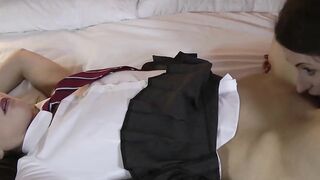 Lesbian MILF eaten out by British schoolgirl and fingering