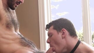 Lusty bottom gay blows dick and rimmed deep by hairy dom