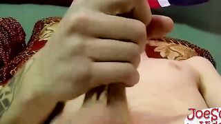 Nerdy looking dude with glasses strips down and jerks it off