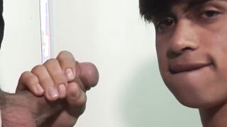 Bareback banged twink sucking two hard daddy dicks
