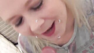 Curvy blonde Jodie Cummings filmed sucking nerd cock POV