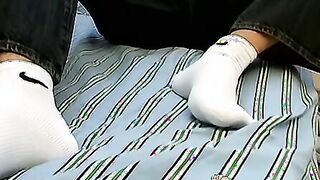 Foot worshiping twink cums on his feet after masturbation