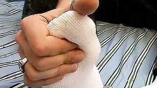 Foot worshiping twink cums on his feet after masturbation