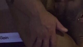 Bald guy stroking his dick hard while penetrated hard