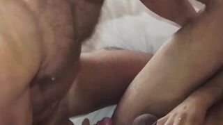 Bald guy stroking his dick hard while penetrated hard
