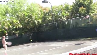 Hazing babes eating snatch on a tennis court