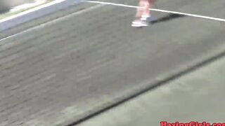 Hazing babes eating snatch on a tennis court
