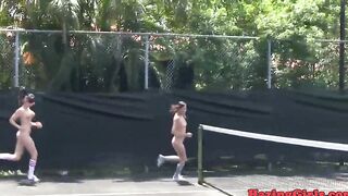 Hazing babes eating snatch on a tennis court