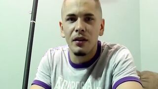 Amateur guy jerking off his juicy cock on the bedroom bed