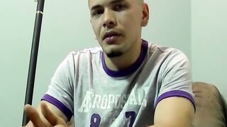 Amateur guy jerking off his juicy cock on the bedroom bed