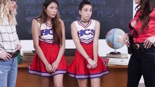 Slutty cheerleaders scissoring on the teachers table