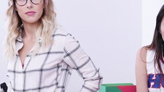 Slutty cheerleaders scissoring on the teachers table