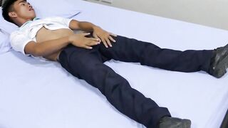 Asian twink plays with his dick and feet in his bedroom