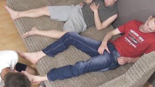 Bottom bitch licks feet and takes on two giant dicks at once