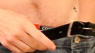 Homo rubs his cock and cums without taking his undies off