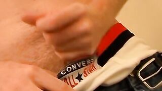 Homo rubs his cock and cums without taking his undies off