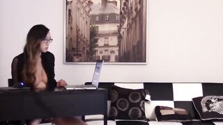 Adorable Asian shemale solo masturbates in her office