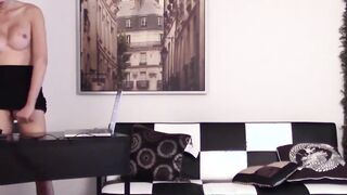 Adorable Asian shemale solo masturbates in her office