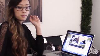 Adorable Asian shemale solo masturbates in her office