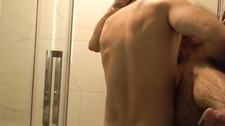 Tattooed transgender jock hardcore doggystyle shower fuck