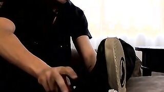 Skinny twink massages his feet and strokes massive dick