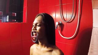 Bound Asian ladyboy pissed in her mouth