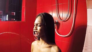 Bound Asian ladyboy pissed in her mouth