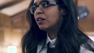 Nerdy college babe dicked and jizzed on in threesome