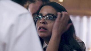 Nerdy college babe dicked and jizzed on in threesome