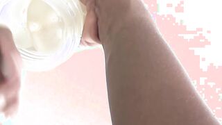 Cute black guy plays with his big black cock and fleshlight