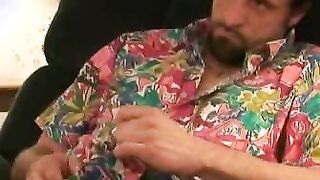 Experienced mature guy strokes his dick and cums solo